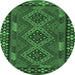 Round Machine Washable Southwestern Emerald Green Country Area Rugs, wshcon2824emgrn