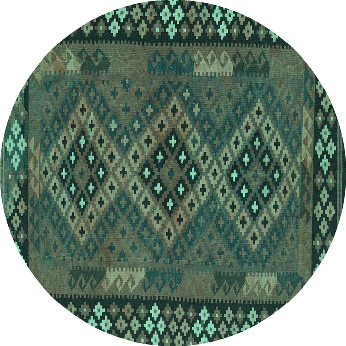 Round Machine Washable Southwestern Turquoise Country Area Rugs, wshcon2824turq