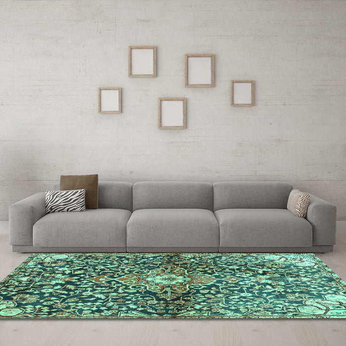 Machine Washable Abstract Turquoise Contemporary Area Rugs in a Living Room,, wshcon2839turq