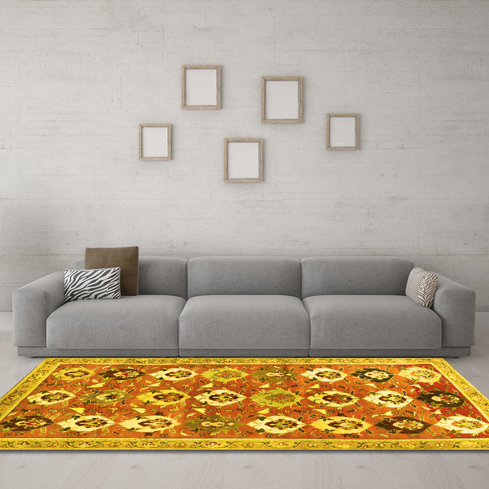 Machine Washable Abstract Yellow Contemporary Rug in a Living Room, wshcon2843yw