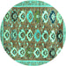 Round Machine Washable Abstract Turquoise Contemporary Area Rugs, wshcon2843turq