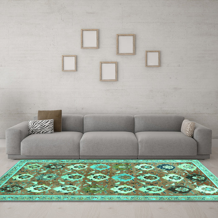 Machine Washable Abstract Turquoise Contemporary Area Rugs in a Living Room,, wshcon2843turq