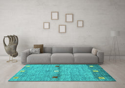 Machine Washable Abstract Turquoise Contemporary Area Rugs in a Living Room,, wshcon2847turq