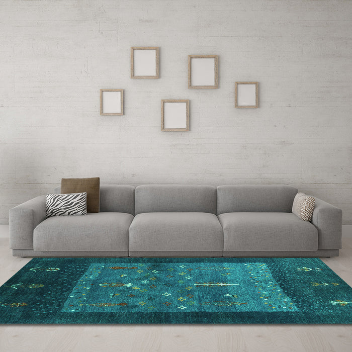 Machine Washable Abstract Turquoise Contemporary Area Rugs in a Living Room,, wshcon2849turq