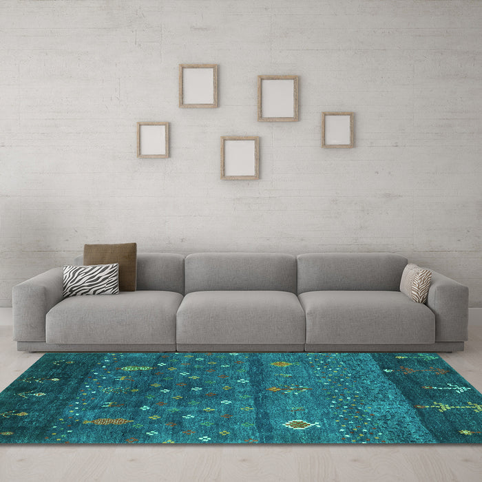 Machine Washable Abstract Turquoise Contemporary Area Rugs in a Living Room,, wshcon2850turq