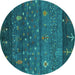 Round Machine Washable Abstract Turquoise Contemporary Area Rugs, wshcon2850turq