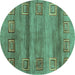 Round Machine Washable Abstract Turquoise Contemporary Area Rugs, wshcon2853turq