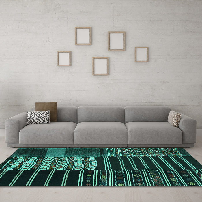 Machine Washable Patchwork Turquoise Transitional Area Rugs in a Living Room,, wshcon2859turq
