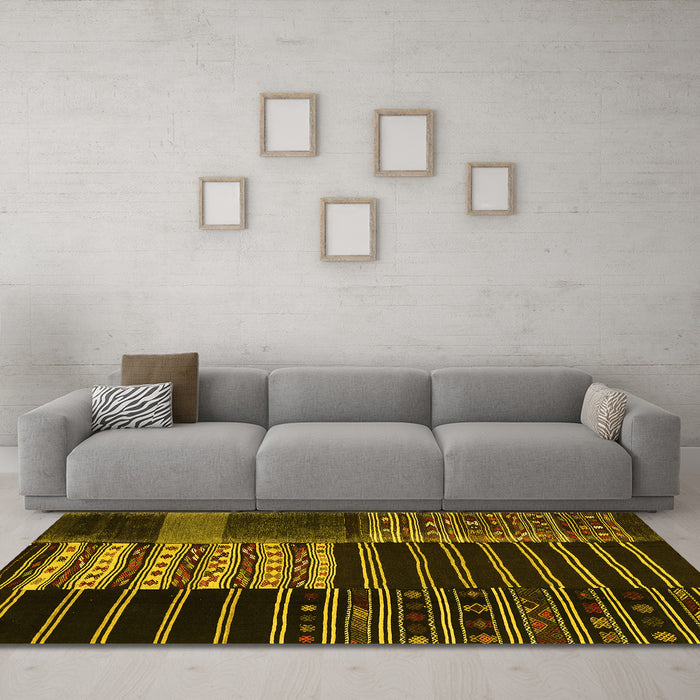 Machine Washable Patchwork Yellow Transitional Rug in a Living Room, wshcon2859yw