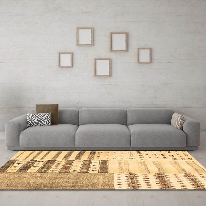 Machine Washable Patchwork Brown Transitional Rug in a Living Room,, wshcon2860brn