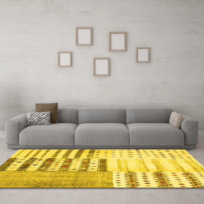 Machine Washable Patchwork Yellow Transitional Rug in a Living Room, wshcon2860yw