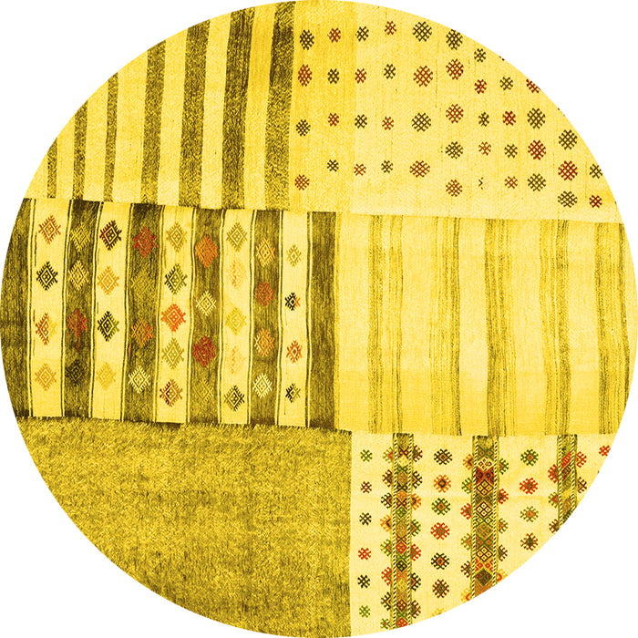 Round Machine Washable Patchwork Yellow Transitional Rug, wshcon2860yw