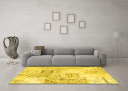 Machine Washable Patchwork Yellow Transitional Rug in a Living Room, wshcon2863yw