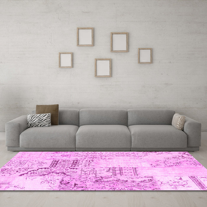 Machine Washable Patchwork Pink Transitional Rug in a Living Room, wshcon2863pnk