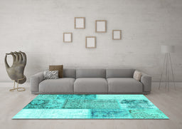 Machine Washable Patchwork Turquoise Transitional Area Rugs in a Living Room,, wshcon2868turq