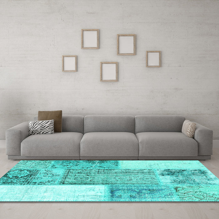 Machine Washable Patchwork Turquoise Transitional Area Rugs in a Living Room,, wshcon2868turq