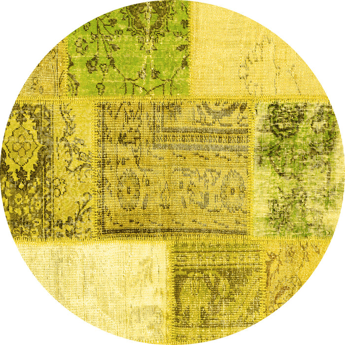 Round Machine Washable Patchwork Yellow Transitional Rug, wshcon2868yw