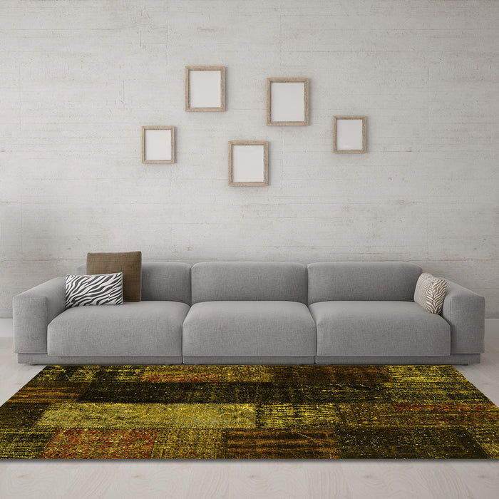 Machine Washable Patchwork Yellow Transitional Rug in a Living Room, wshcon2869yw