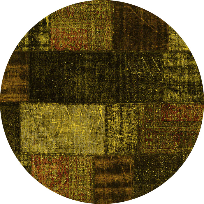 Round Machine Washable Patchwork Yellow Transitional Rug, wshcon2869yw