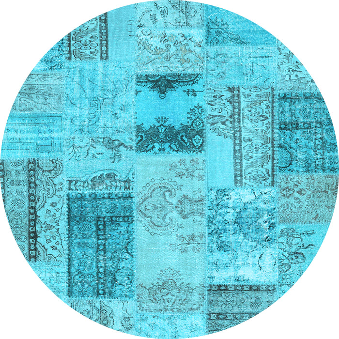 Round Machine Washable Patchwork Light Blue Transitional Rug, wshcon2874lblu