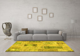 Machine Washable Patchwork Yellow Transitional Rug in a Living Room, wshcon2874yw