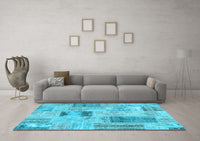 Machine Washable Patchwork Light Blue Transitional Rug, wshcon2874lblu