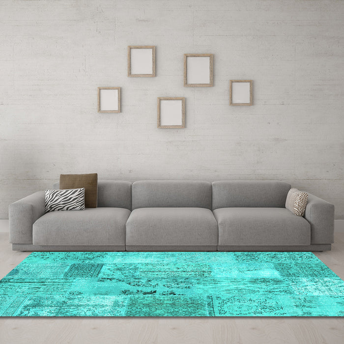 Machine Washable Patchwork Turquoise Transitional Area Rugs in a Living Room,, wshcon2875turq