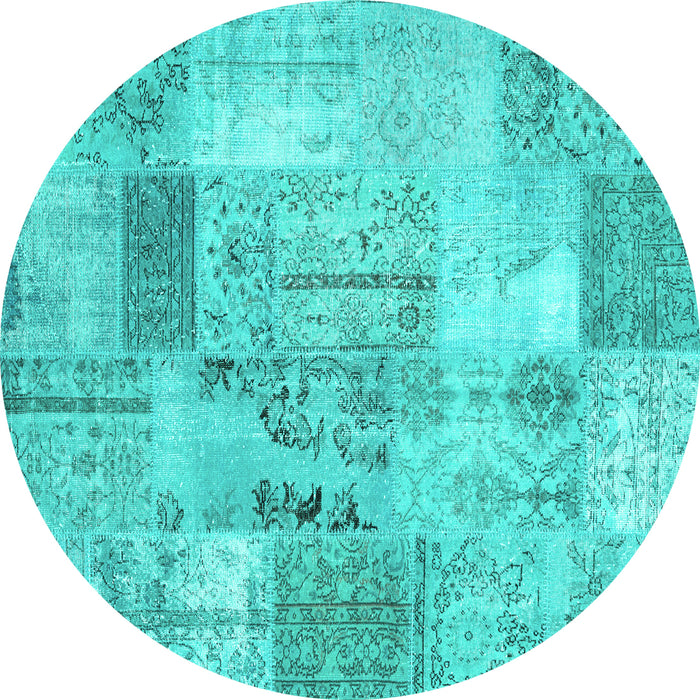 Round Machine Washable Patchwork Turquoise Transitional Area Rugs, wshcon2875turq