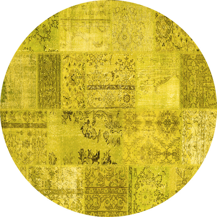 Round Machine Washable Patchwork Yellow Transitional Rug, wshcon2875yw