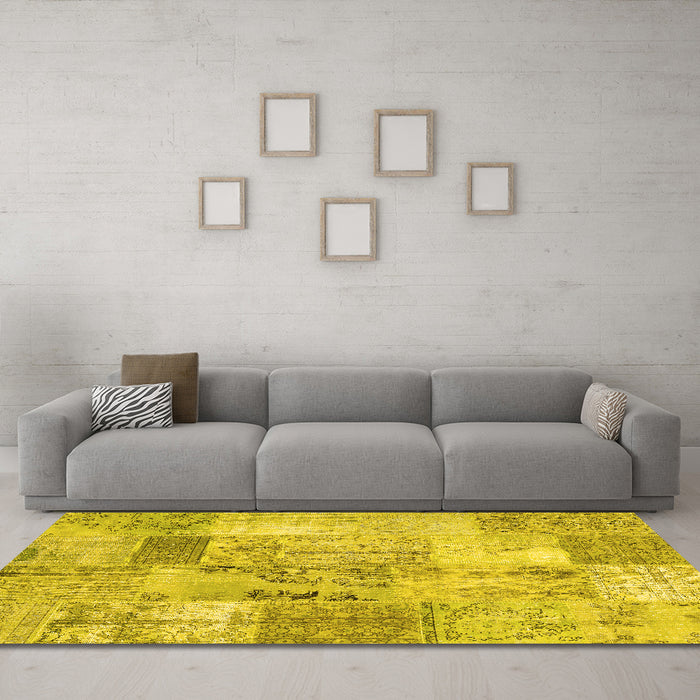 Machine Washable Patchwork Yellow Transitional Rug in a Living Room, wshcon2875yw
