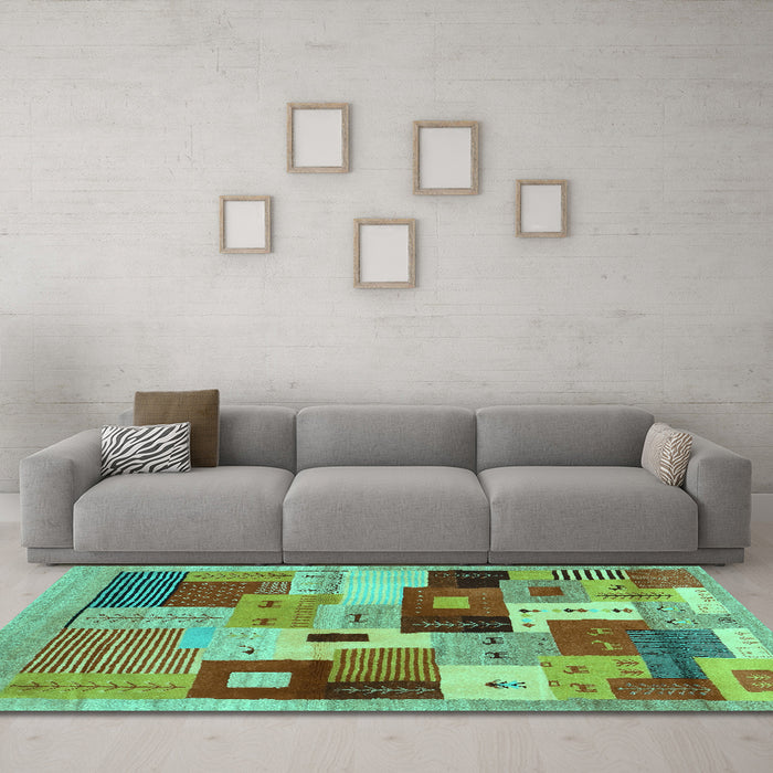 Machine Washable Abstract Turquoise Contemporary Area Rugs in a Living Room,, wshcon2877turq