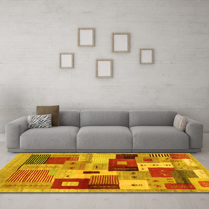 Machine Washable Abstract Yellow Contemporary Rug in a Living Room, wshcon2877yw