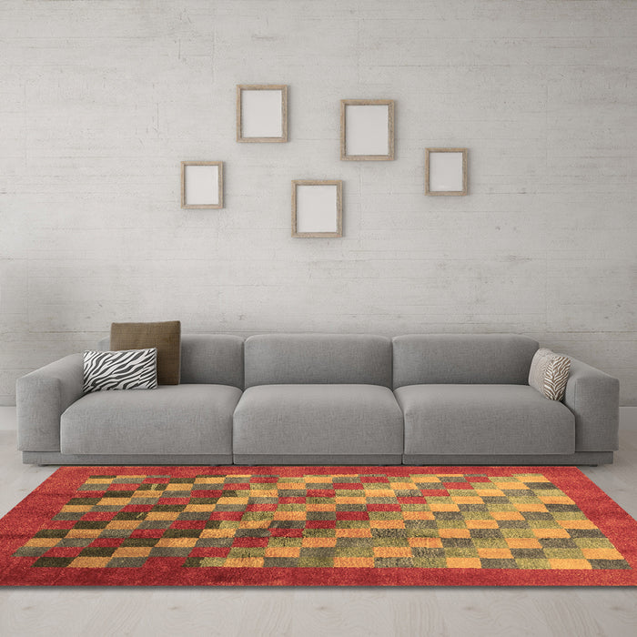 Machine Washable Checkered Brown Modern Rug in a Living Room,, wshcon2878brn