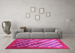 Machine Washable Checkered Pink Modern Rug in a Living Room, wshcon2878pnk