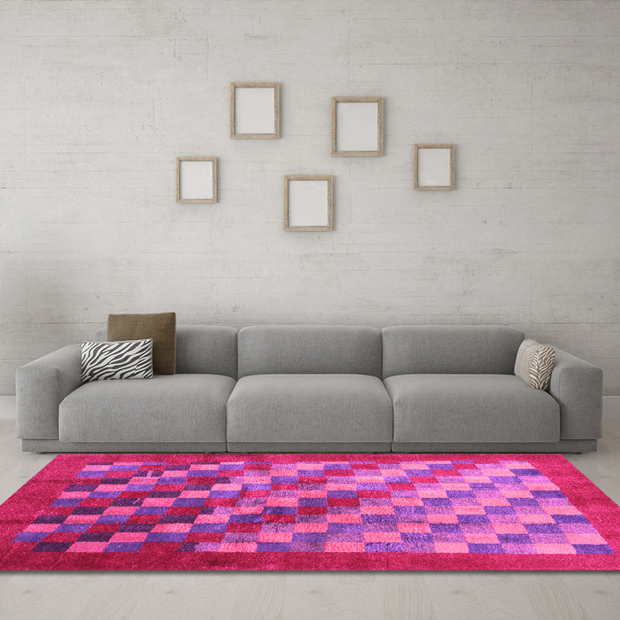 Machine Washable Checkered Pink Modern Rug in a Living Room, wshcon2878pnk