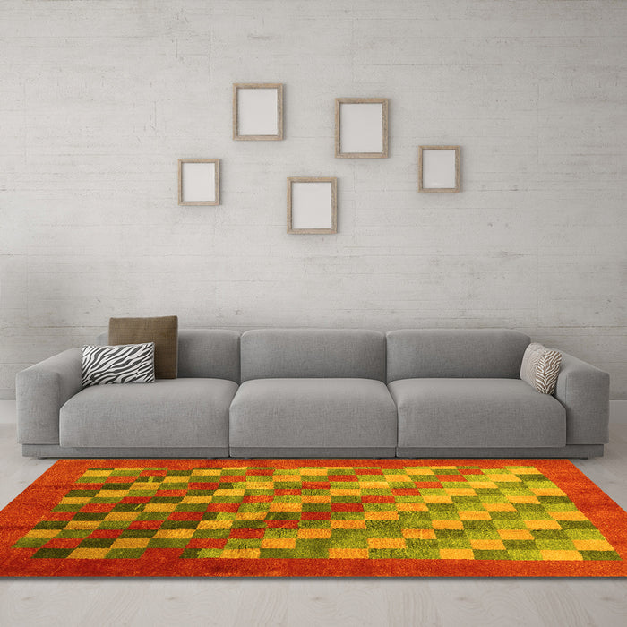 Machine Washable Checkered Yellow Modern Rug in a Living Room, wshcon2878yw