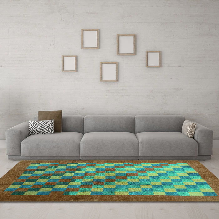 Machine Washable Checkered Turquoise Modern Area Rugs in a Living Room,, wshcon2878turq