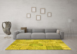 Machine Washable Patchwork Yellow Transitional Rug in a Living Room, wshcon2879yw