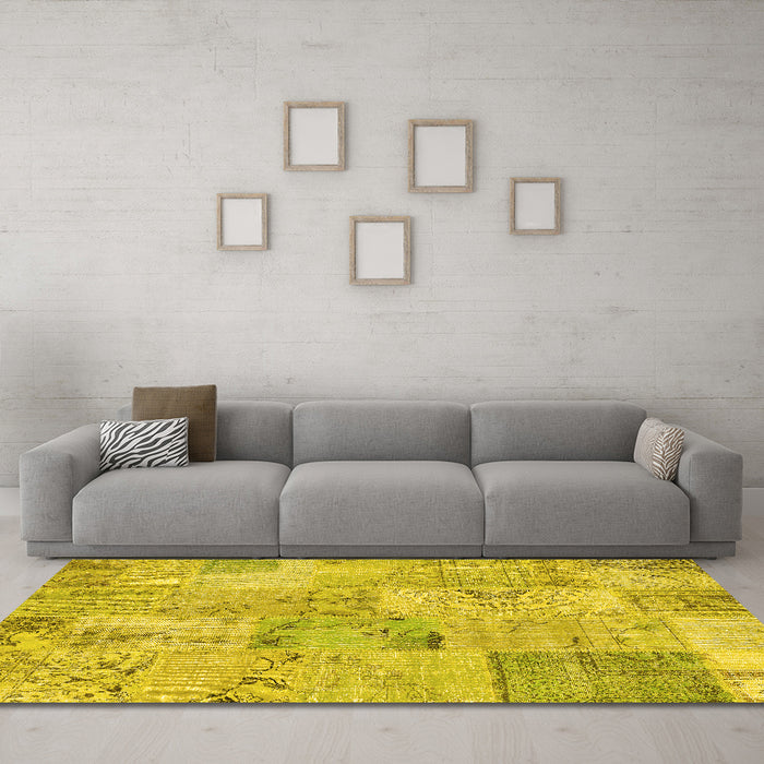 Machine Washable Patchwork Yellow Transitional Rug in a Living Room, wshcon2879yw