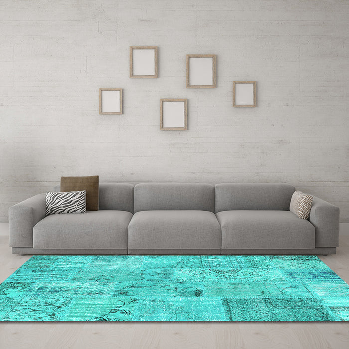 Machine Washable Patchwork Turquoise Transitional Area Rugs in a Living Room,, wshcon2879turq