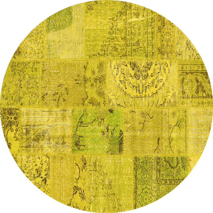 Round Machine Washable Patchwork Yellow Transitional Rug, wshcon2879yw