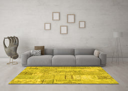 Machine Washable Patchwork Yellow Transitional Rug in a Living Room, wshcon2880yw