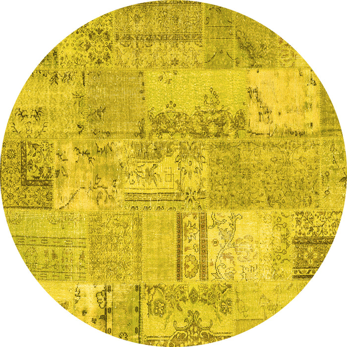 Round Machine Washable Patchwork Yellow Transitional Rug, wshcon2880yw