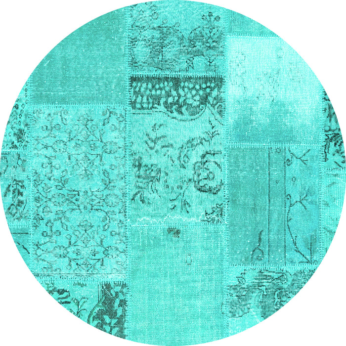 Round Machine Washable Patchwork Turquoise Transitional Area Rugs, wshcon2881turq