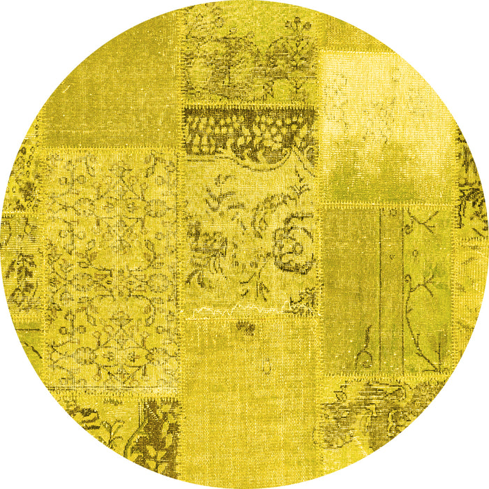 Round Machine Washable Patchwork Yellow Transitional Rug, wshcon2881yw