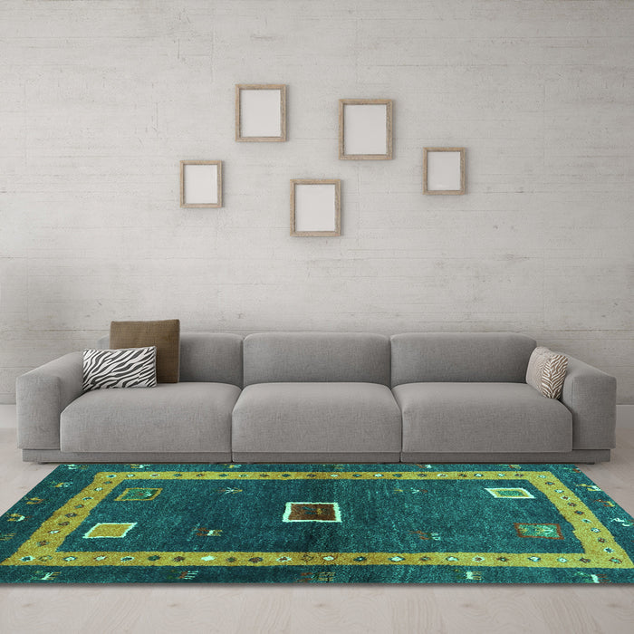Machine Washable Abstract Turquoise Contemporary Area Rugs in a Living Room,, wshcon2883turq