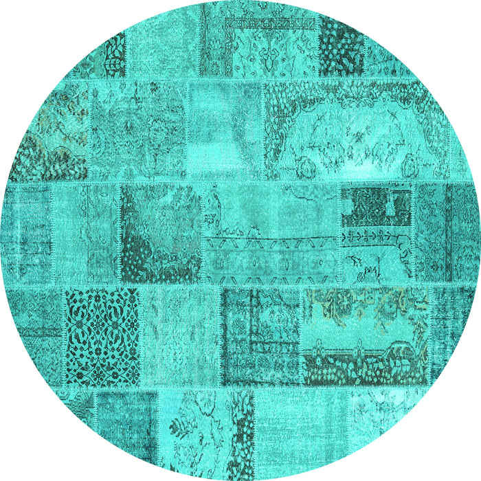 Round Machine Washable Patchwork Turquoise Transitional Area Rugs, wshcon2885turq