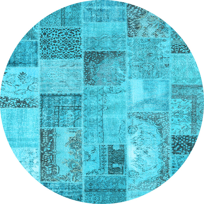 Round Machine Washable Patchwork Light Blue Transitional Rug, wshcon2885lblu