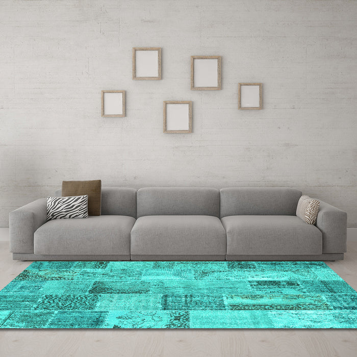 Machine Washable Patchwork Turquoise Transitional Area Rugs in a Living Room,, wshcon2885turq