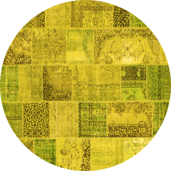 Round Machine Washable Patchwork Yellow Transitional Rug, wshcon2885yw